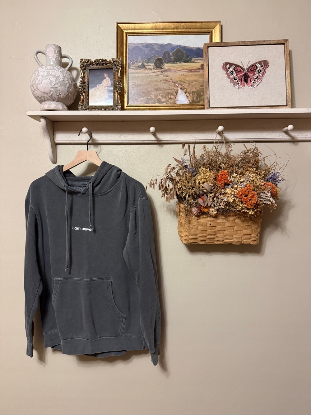 Charcoal Hoodie with Small White 'i am unwell' Embroidery